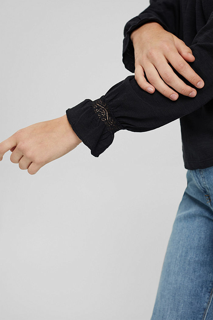 Bluzka z długim rękawem z koronką z mieszanki z bawełną ekologiczną, BLACK, detail image number 2
