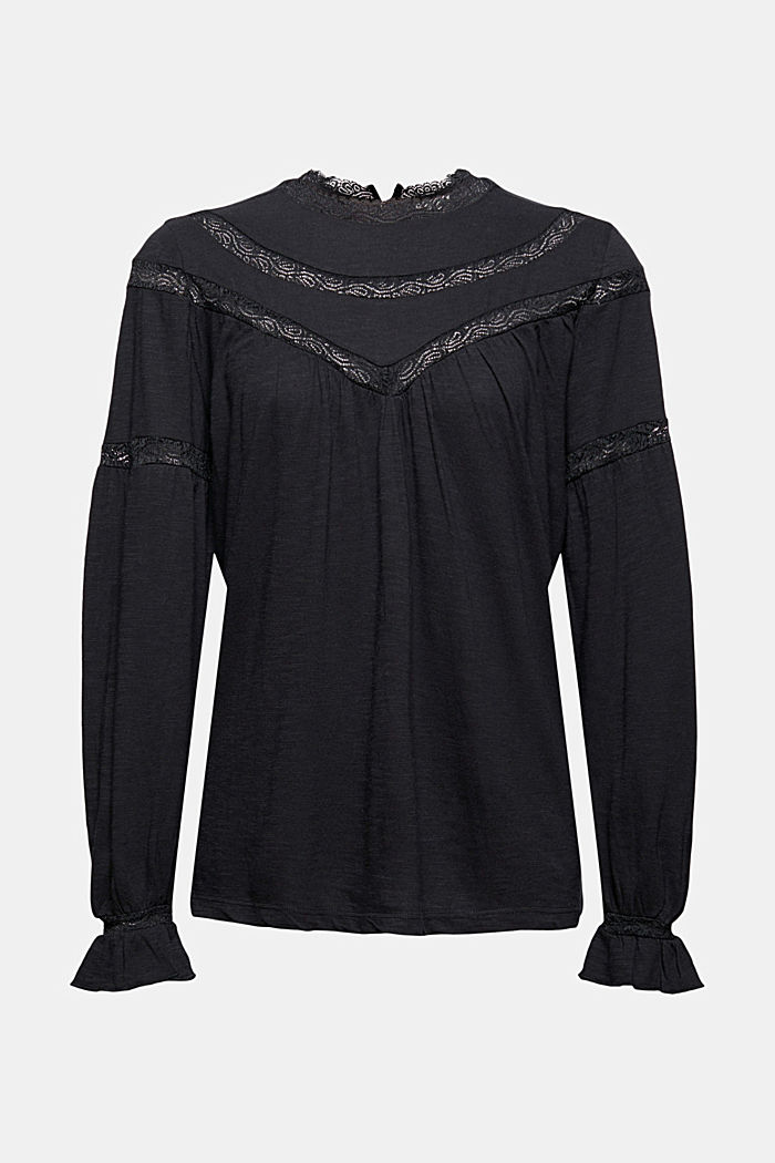 Long sleeve top made of blended organic cotton with lace, BLACK, overview