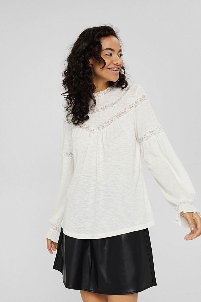 Long sleeve top made of blended organic cotton with lace