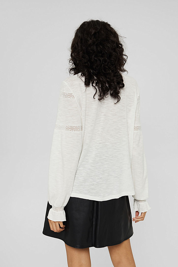 Long sleeve top made of blended organic cotton with lace, OFF WHITE, detail image number 3