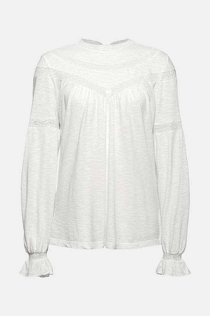 Long sleeve top made of blended organic cotton with lace, OFF WHITE, overview