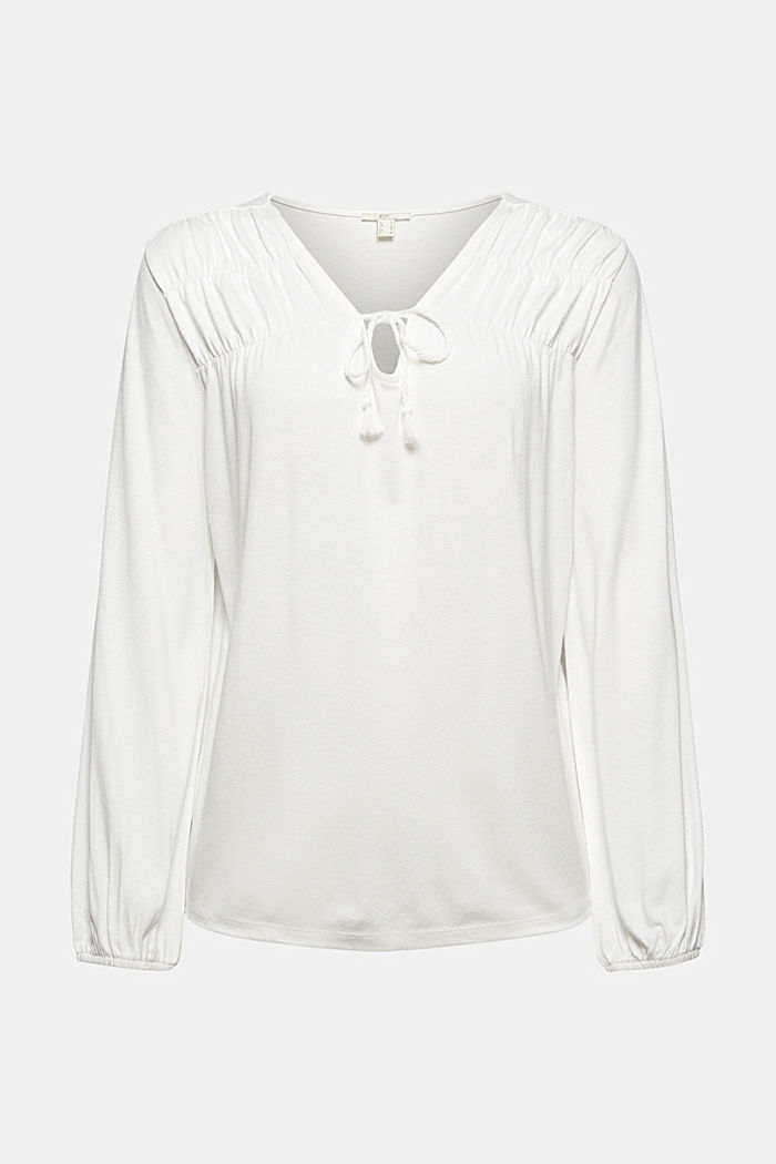 Long sleeve top with tasselled ties, LENZING™ ECOVERO™, OFF WHITE, overview