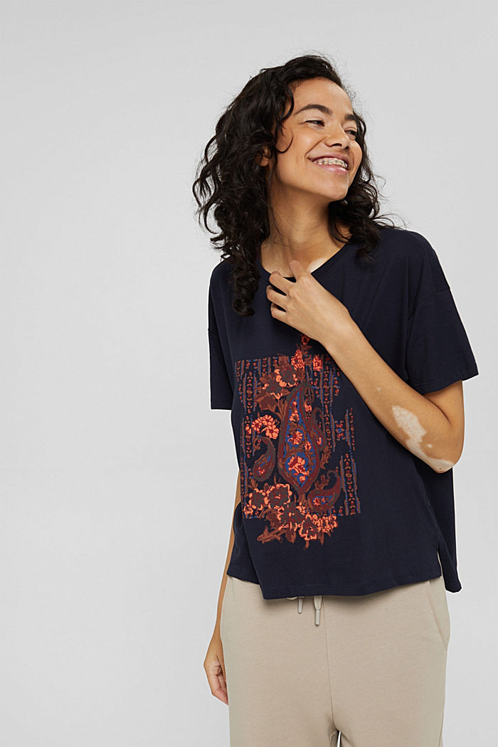 Paisleykuvioinen T-paita, 100 % luomupuuvillaa, NAVY, detail image number 0