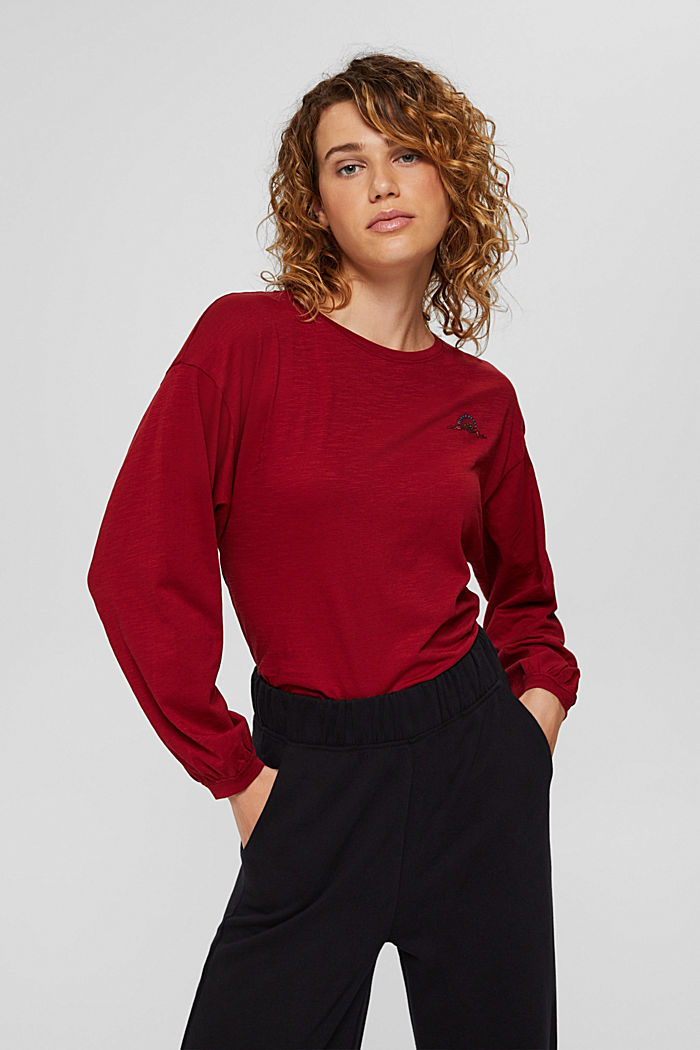 Long sleeve top with balloon sleeves made of 100% organic cotton, DARK RED, detail image number 0