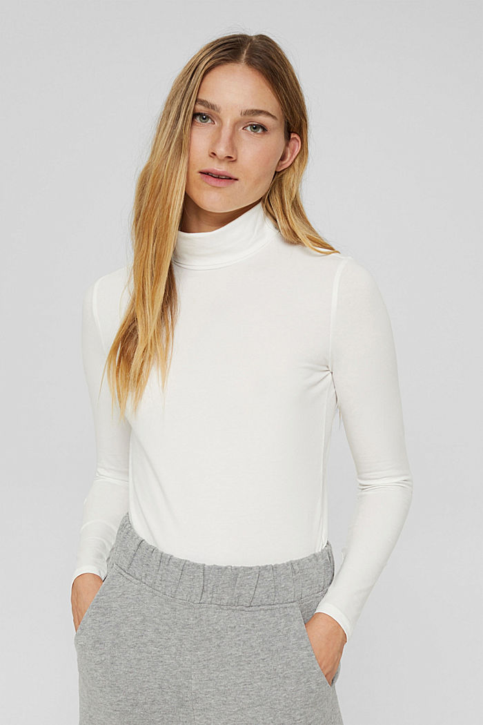 Long sleeve top with polo neck, organic cotton, OFF WHITE, detail image number 0