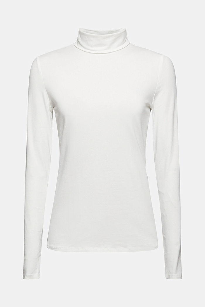 Long sleeve top with polo neck, organic cotton, OFF WHITE, overview
