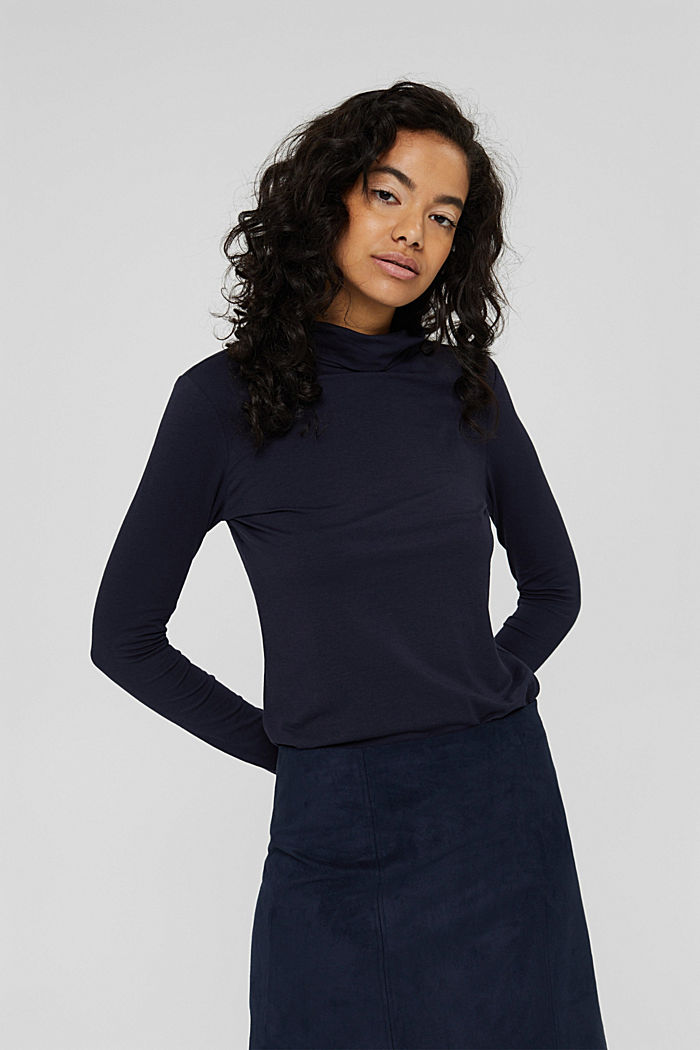 Long sleeve top with polo neck, organic cotton, NAVY, detail image number 0