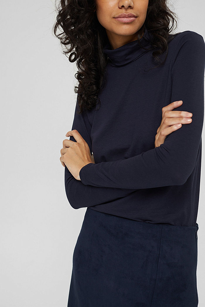 Long sleeve top with polo neck, organic cotton, NAVY, detail image number 2