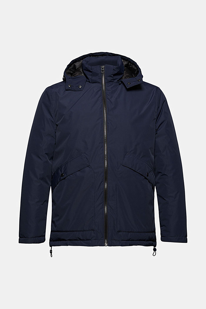 Recycled: padded, hooded jacket, NAVY, overview
