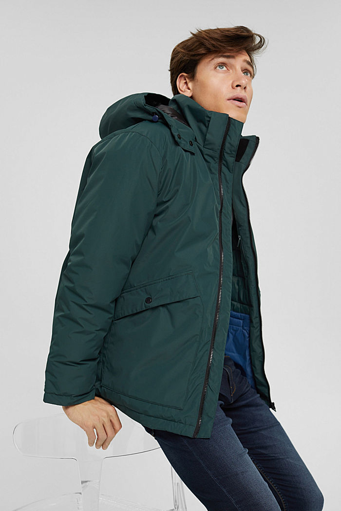Recycled: padded, hooded jacket, TEAL BLUE, overview