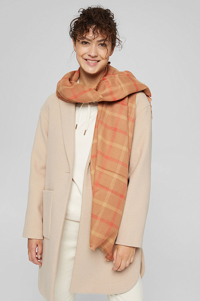 Woven scarf with a check pattern, LENZING™ ECOVERO™, CARAMEL, detail image number 1