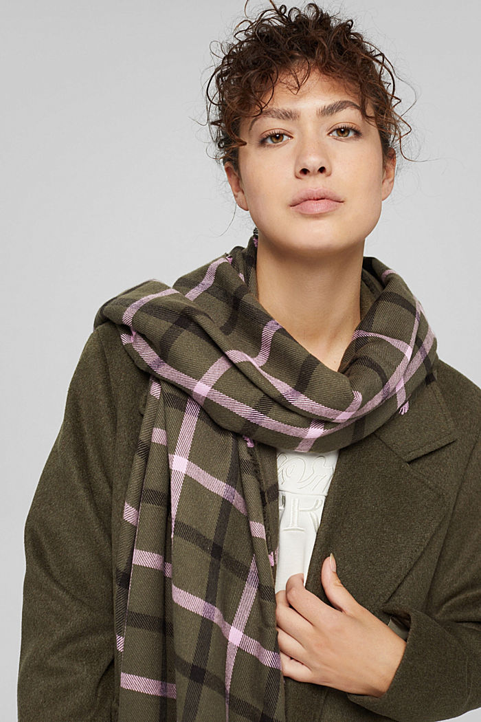 Woven scarf with a check pattern, LENZING™ ECOVERO™, DARK KHAKI, detail image number 3