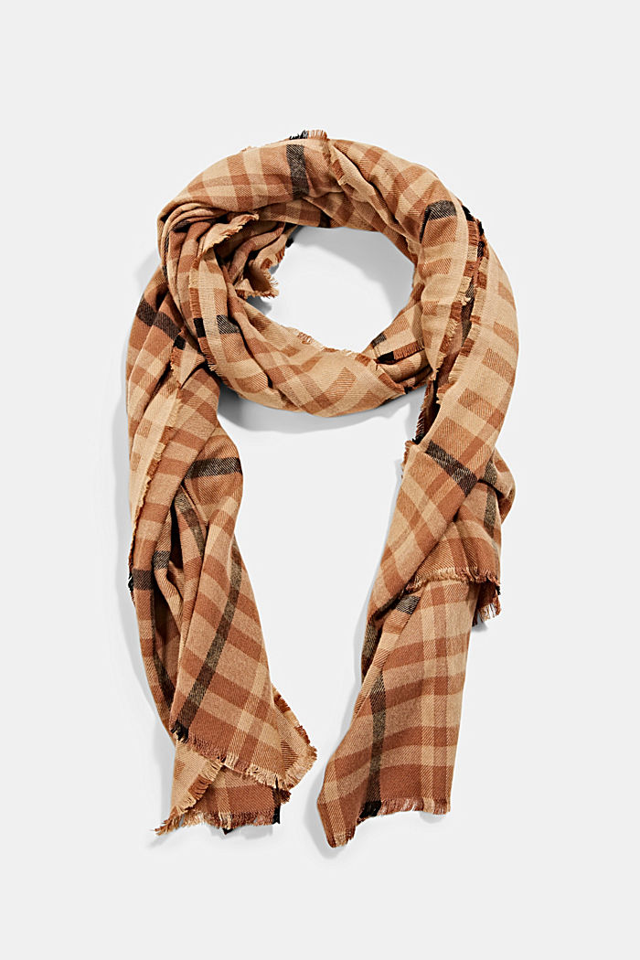 Woven scarf with a check pattern, LENZING™ ECOVERO™, CARAMEL, detail image number 0