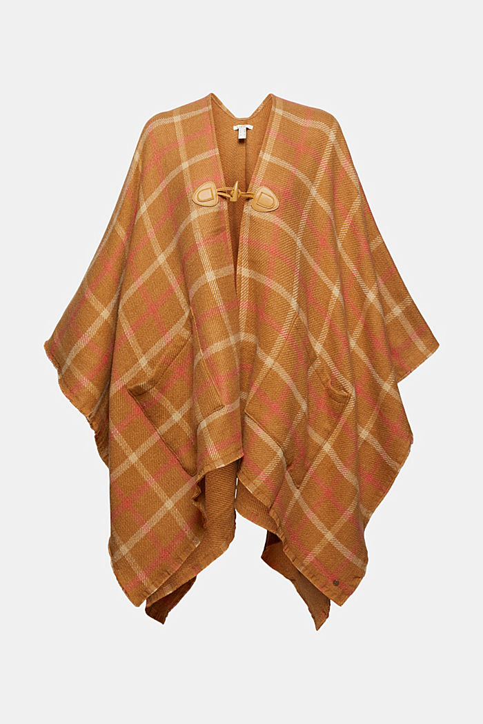 Checked poncho with a toggle fastener, CARAMEL, detail image number 0