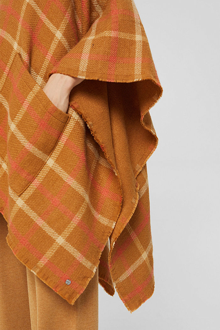 Ruudullinen poncho, jossa duffelinapitus, CARAMEL, detail image number 3