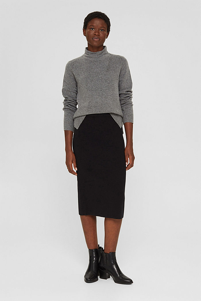 Knitted pencil skirt with textured sides, BLACK, overview