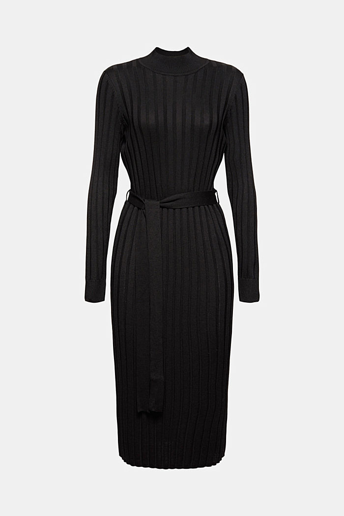 Recycled: rib knit dress with belt, BLACK, overview