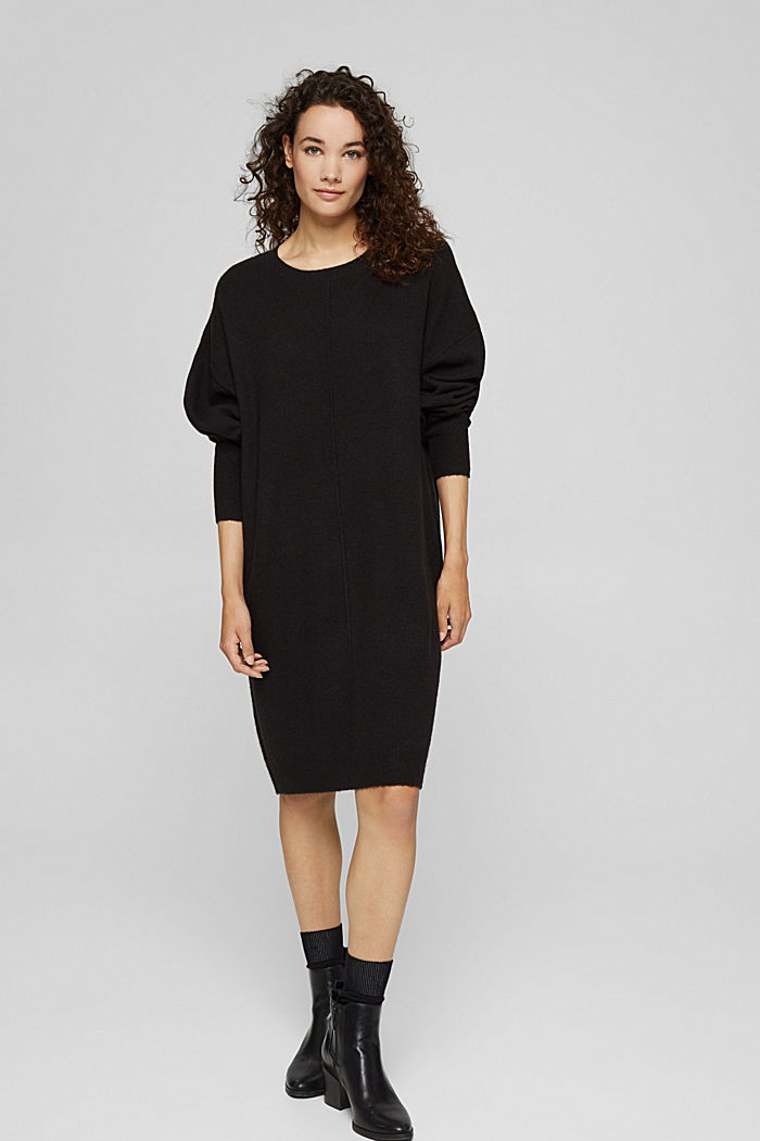 Wool blend: knitted dress in an O-shaped design, BLACK, overview