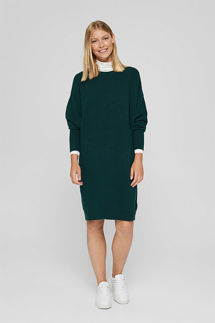 Wool blend: knitted dress in an O-shaped design, DARK TEAL GREEN, detail image number 7