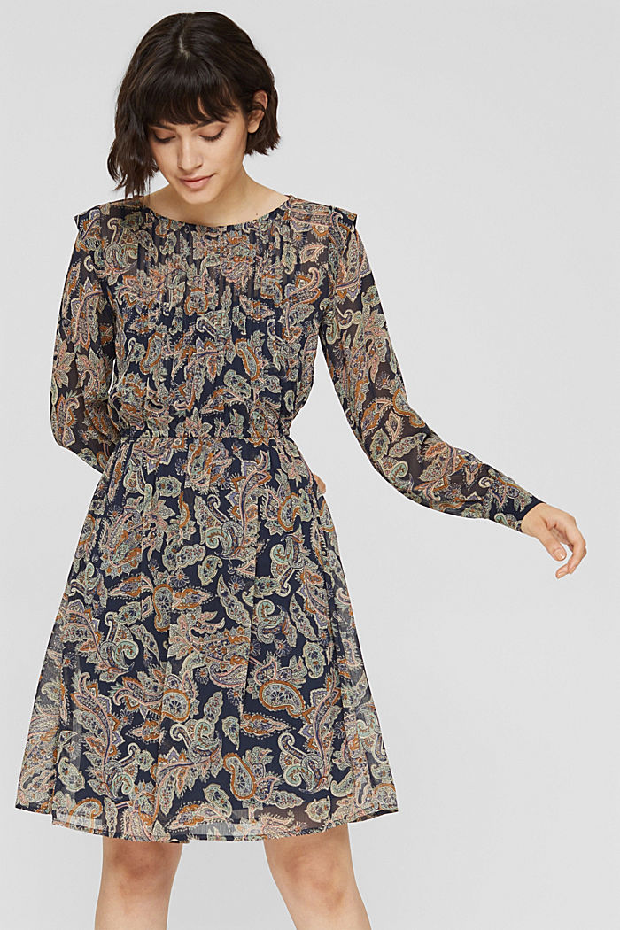 Gerecycled: chiffon jurk met paisleyprint, NAVY, detail image number 0