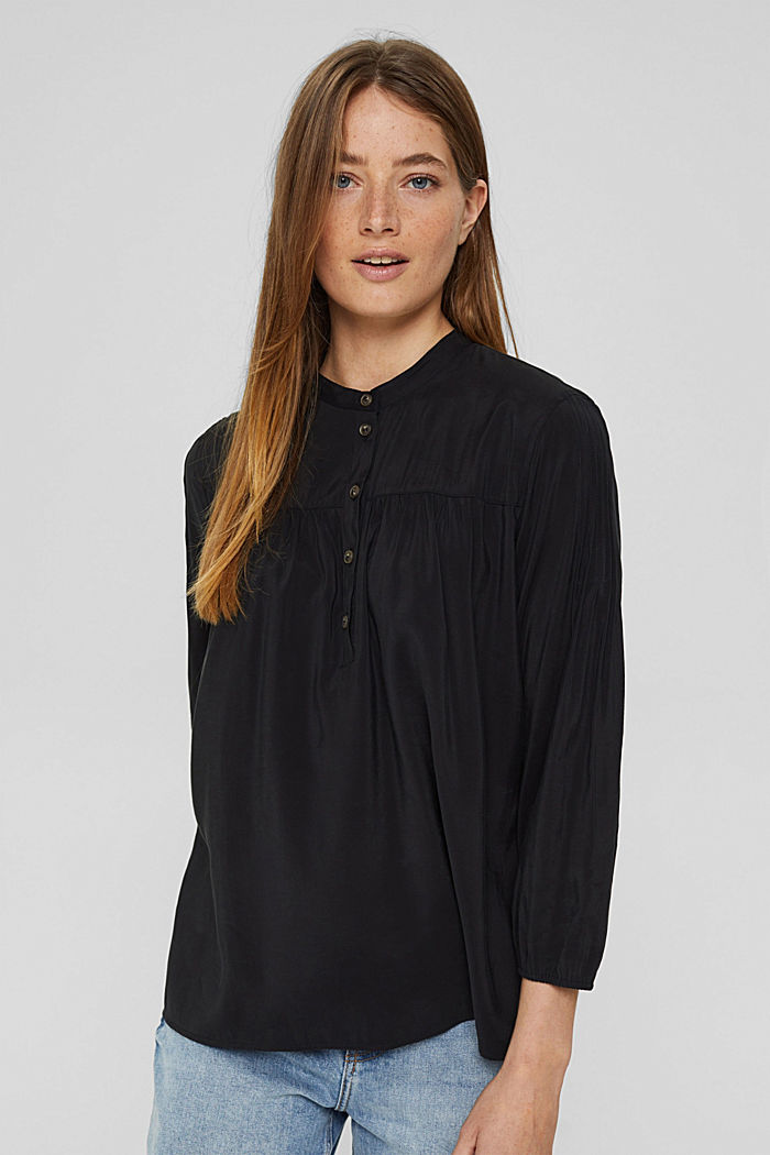 Glanzende henley-blouse met LENZING™ ECOVERO™, BLACK, overview