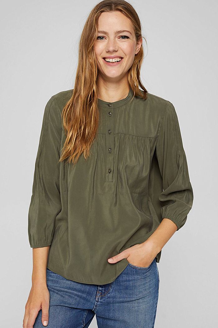 Shiny Henley blouse with LENZING™ ECOVERO™, DARK KHAKI, detail image number 0
