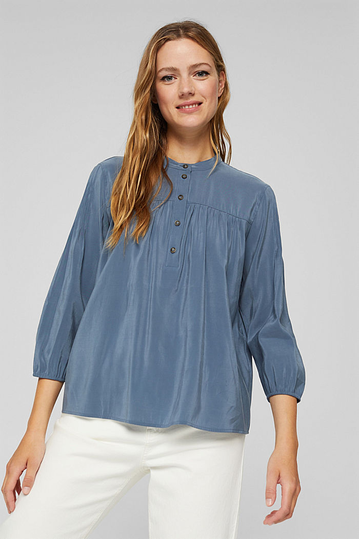 Shiny Henley blouse with LENZING™ ECOVERO™, GREY BLUE, detail image number 4