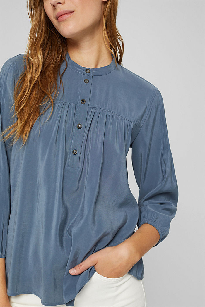 Shiny Henley blouse with LENZING™ ECOVERO™, GREY BLUE, detail image number 2