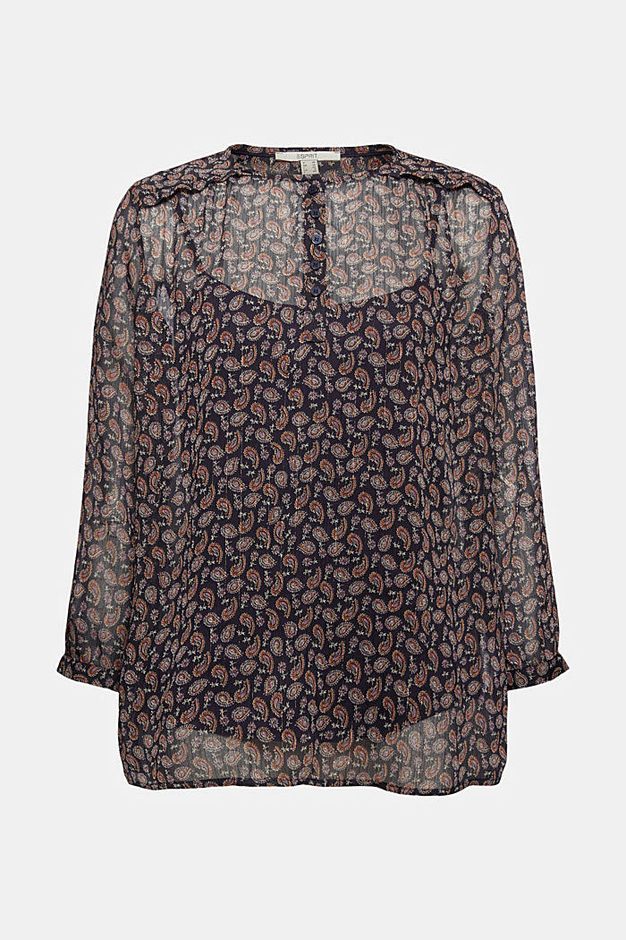 Chiffon blouse with a paisley print and undershirt, NAVY, overview