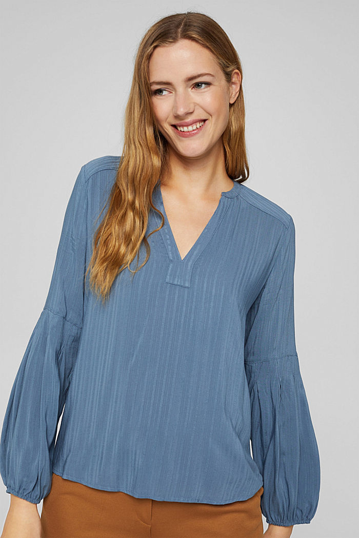 Blouse with textured stripes, LENZING™ ECOVERO™, GREY BLUE, detail image number 0