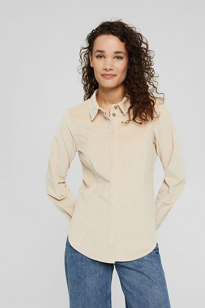Bluzka koszulowa z drobno prążkowanego sztruksu z bawełny i streczu, SAND, detail image number 0