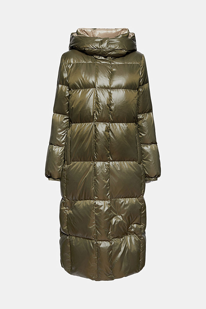 Glossy quilted coat with recycled down, DARK KHAKI, overview