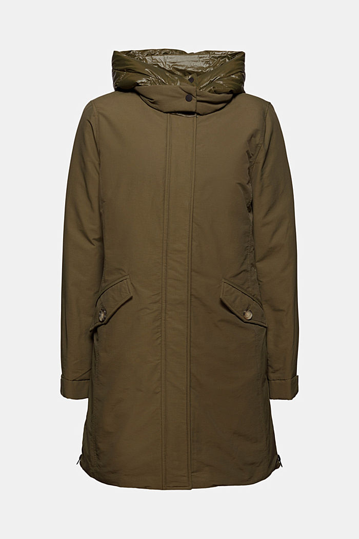 Parka in blended organic cotton with recycled down, DARK KHAKI, overview
