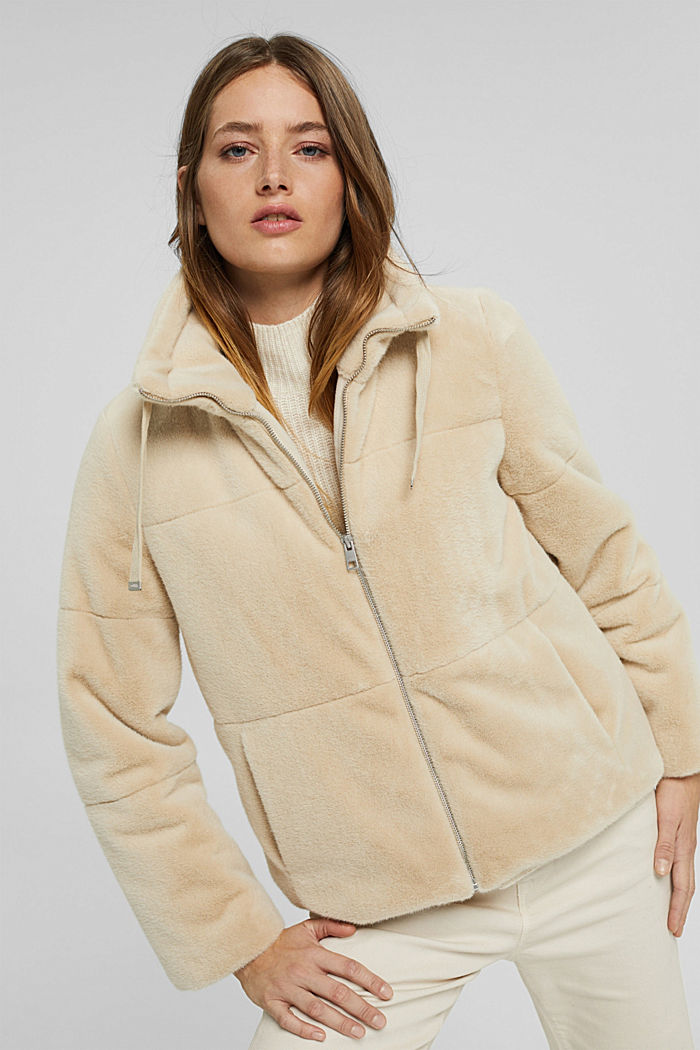 Jacket in soft faux fur with stand-up collar
