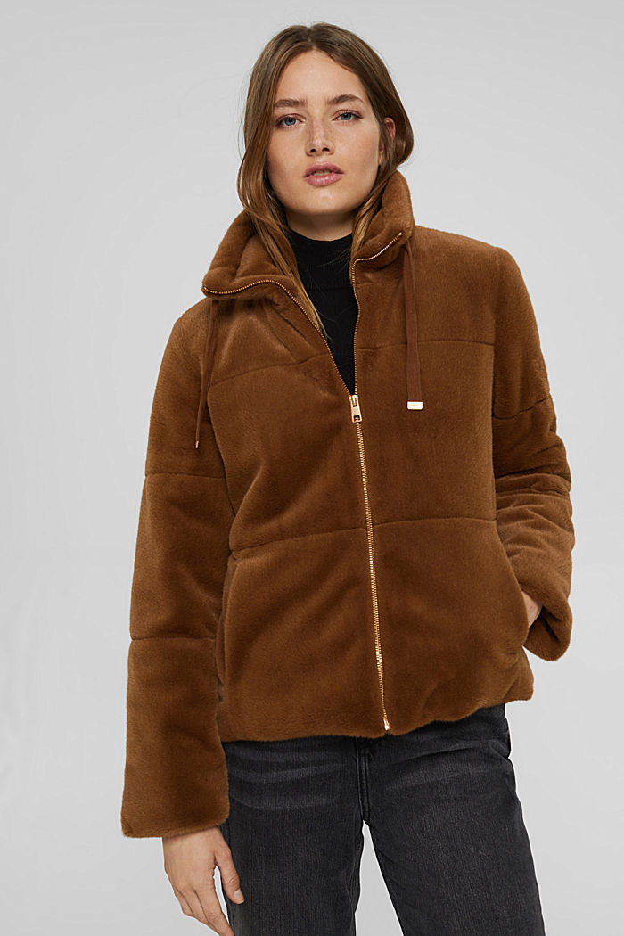 Jacket in soft faux fur with stand-up collar, TOFFEE, detail image number 0