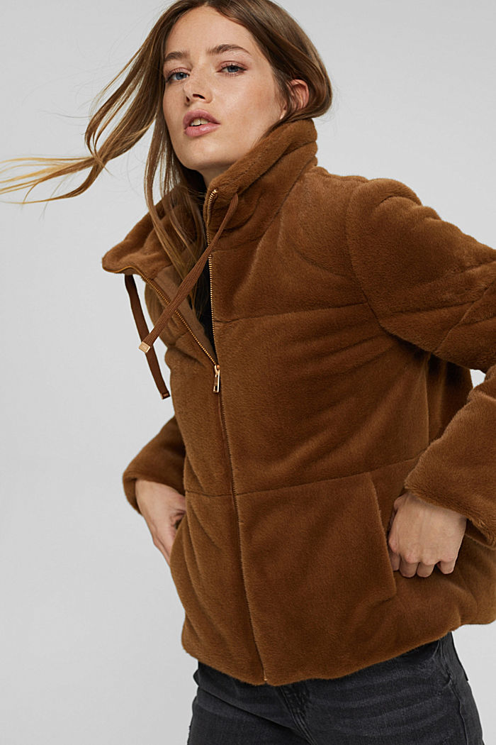 Jacket in soft faux fur with stand-up collar, TOFFEE, detail image number 5