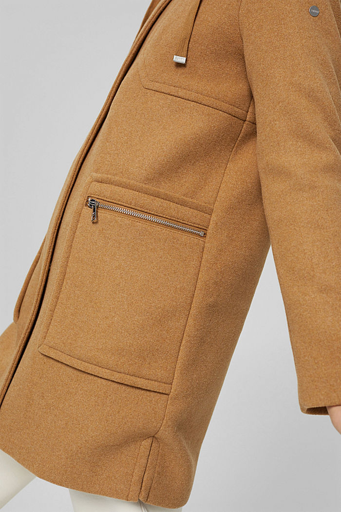 Con lana: abrigo con capucha de pelo sintético, CAMEL, detail image number 5