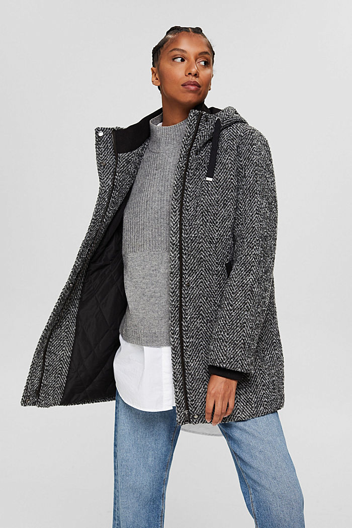 Con lana reciclada: abrigo con diseño de espiga y capucha, ANTHRACITE, detail image number 6
