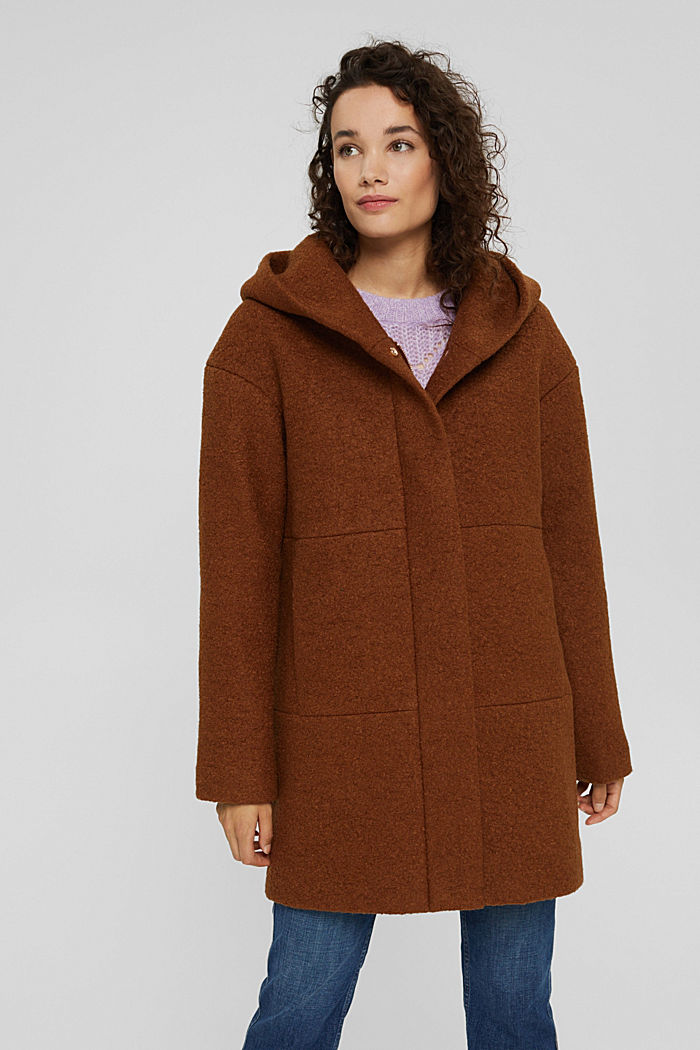 Made of a milled wool blend: hooded coat, TOFFEE, detail image number 0