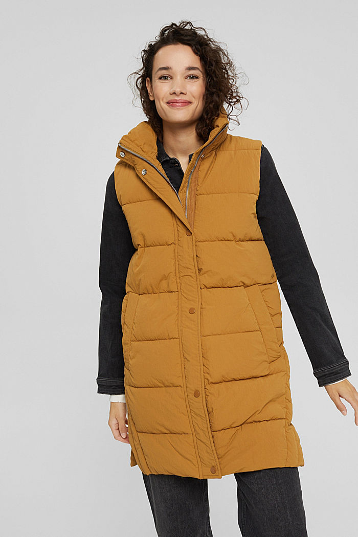Recycled: long quilted body warmer with a crinkle texture, CAMEL, detail image number 0