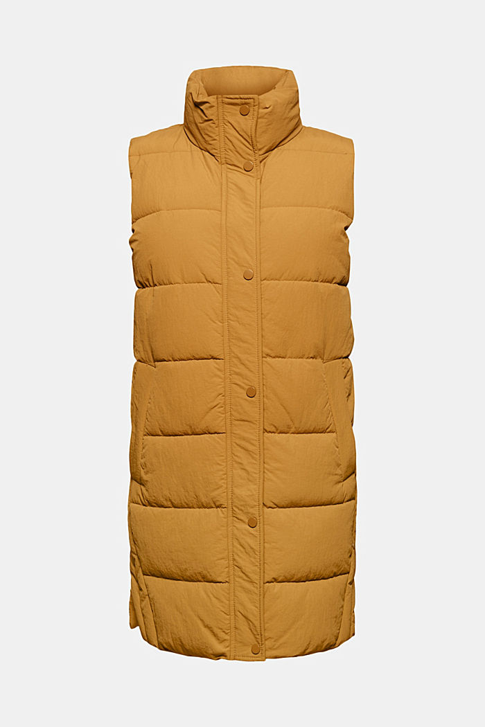 Recycled: long quilted body warmer with a crinkle texture, CAMEL, overview