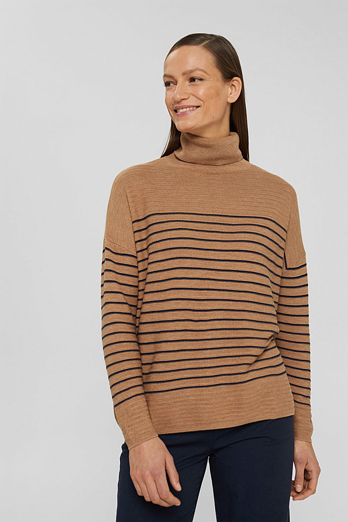 Made of recycled yarn: striped polo neck jumper, SAND, detail image number 0