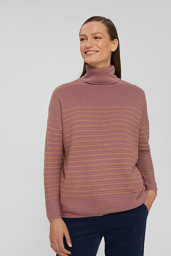 Made of recycled yarn: striped polo neck jumper, DARK OLD PINK, detail image number 0