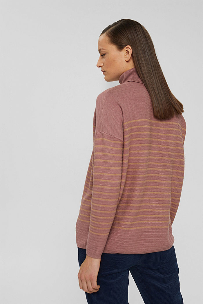 Made of recycled yarn: striped polo neck jumper, DARK OLD PINK, detail image number 3