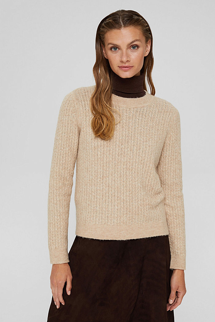 Wool blend: jumper with a cable knit pattern, SAND, detail image number 0