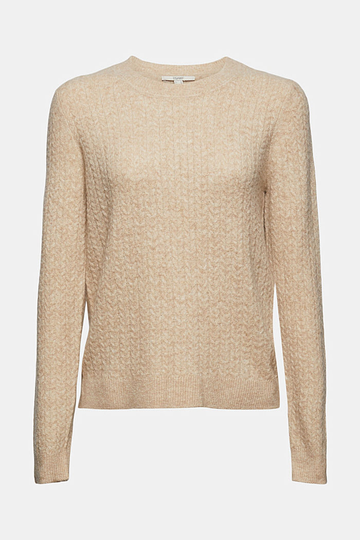 Wool blend: jumper with a cable knit pattern, SAND, overview