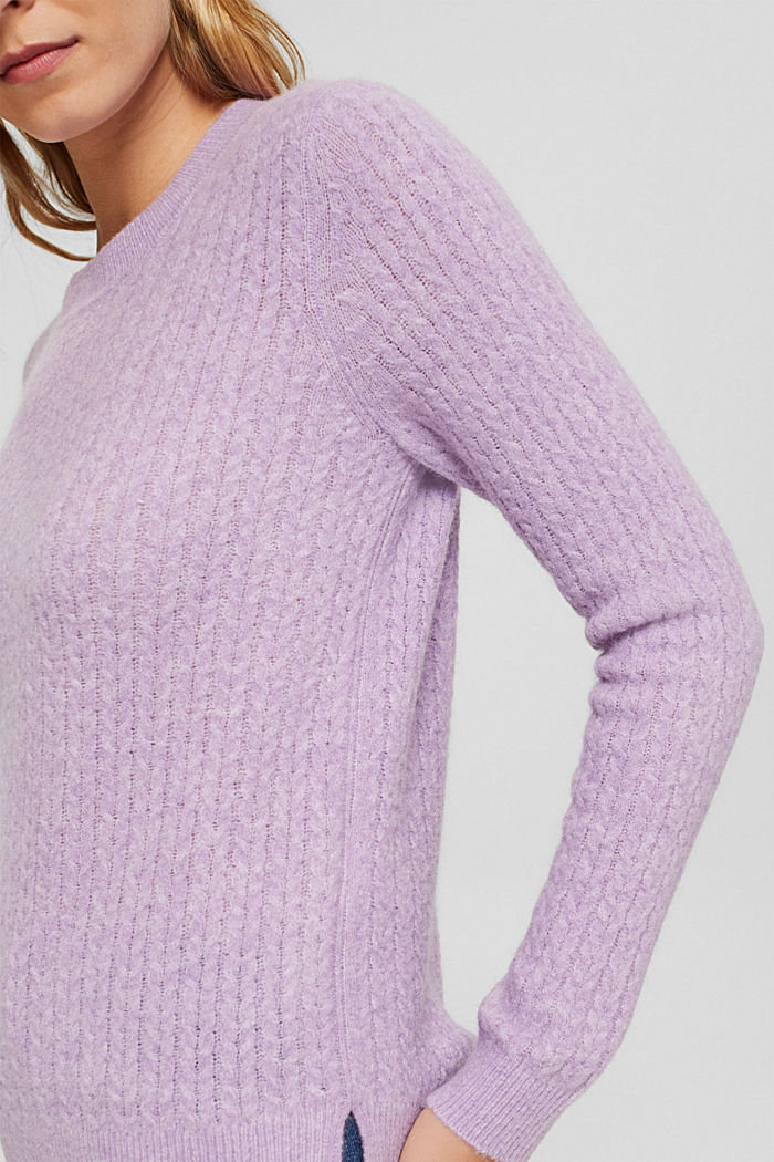 Wool blend: jumper with a cable knit pattern, LILAC, detail image number 2