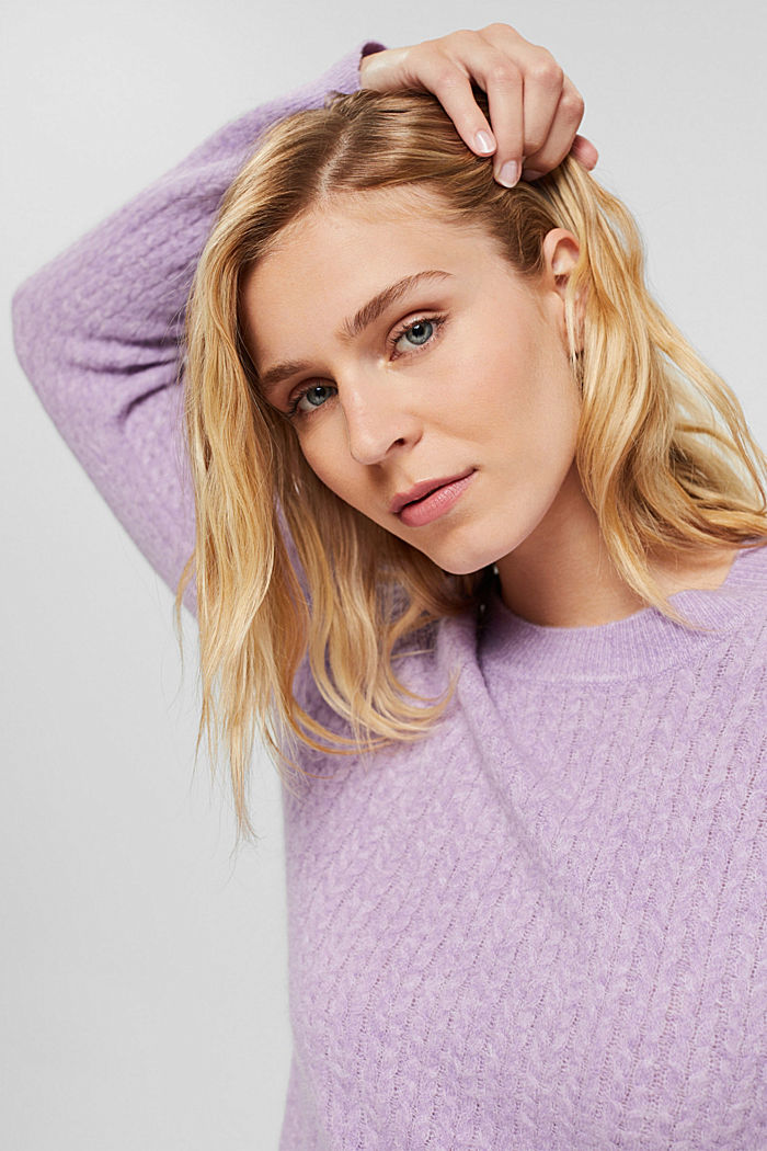 Wool blend: jumper with a cable knit pattern, LILAC, detail image number 6