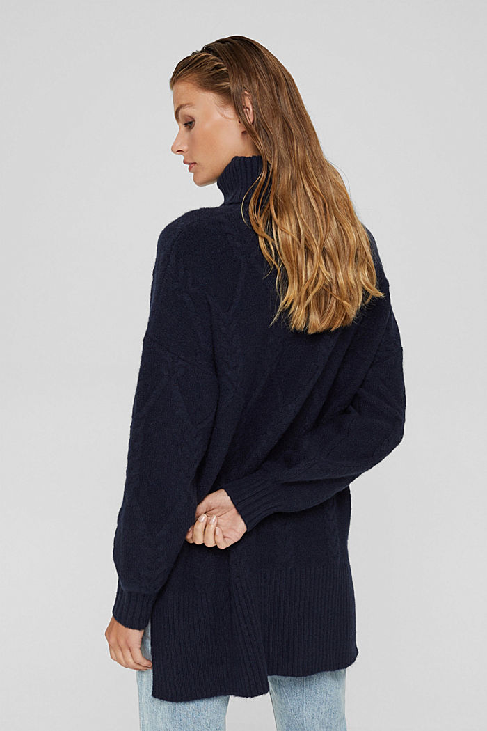 Wool blend: polo neck jumper in cable knit fabric, NAVY, detail image number 3