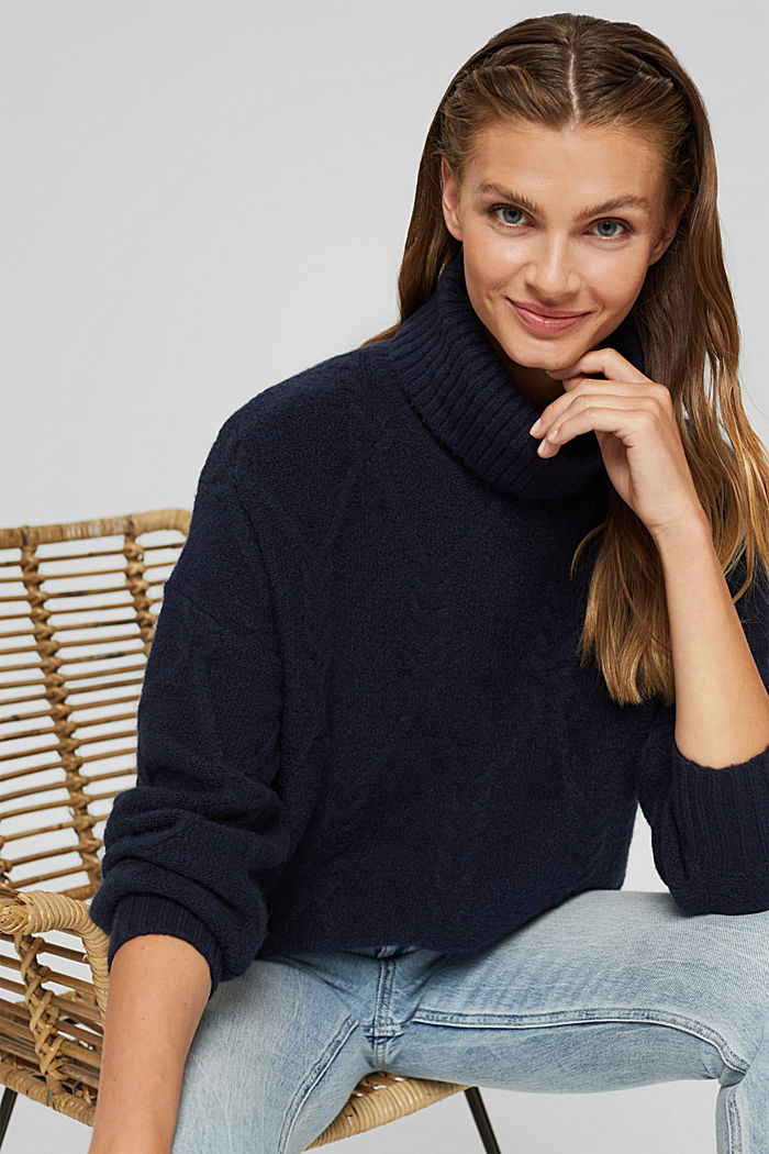 Wool blend: polo neck jumper in cable knit fabric, NAVY, overview